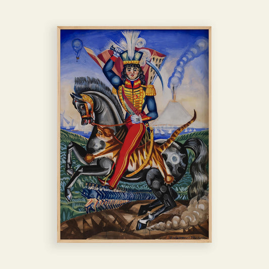 Framed artwork of a person in military attire riding a horse with a colorful background.