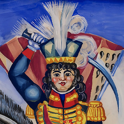 Colorful painting of a character with a large hat and decorative clothing against a blue background