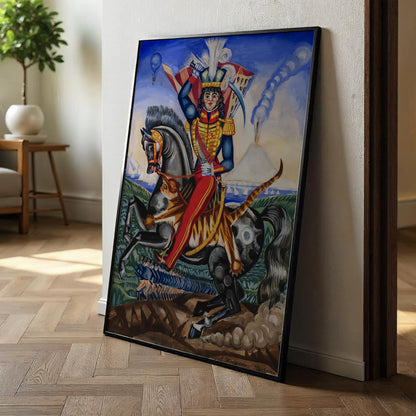 Decorative tapestry of a person on horseback in a room with wooden flooring and a plant.