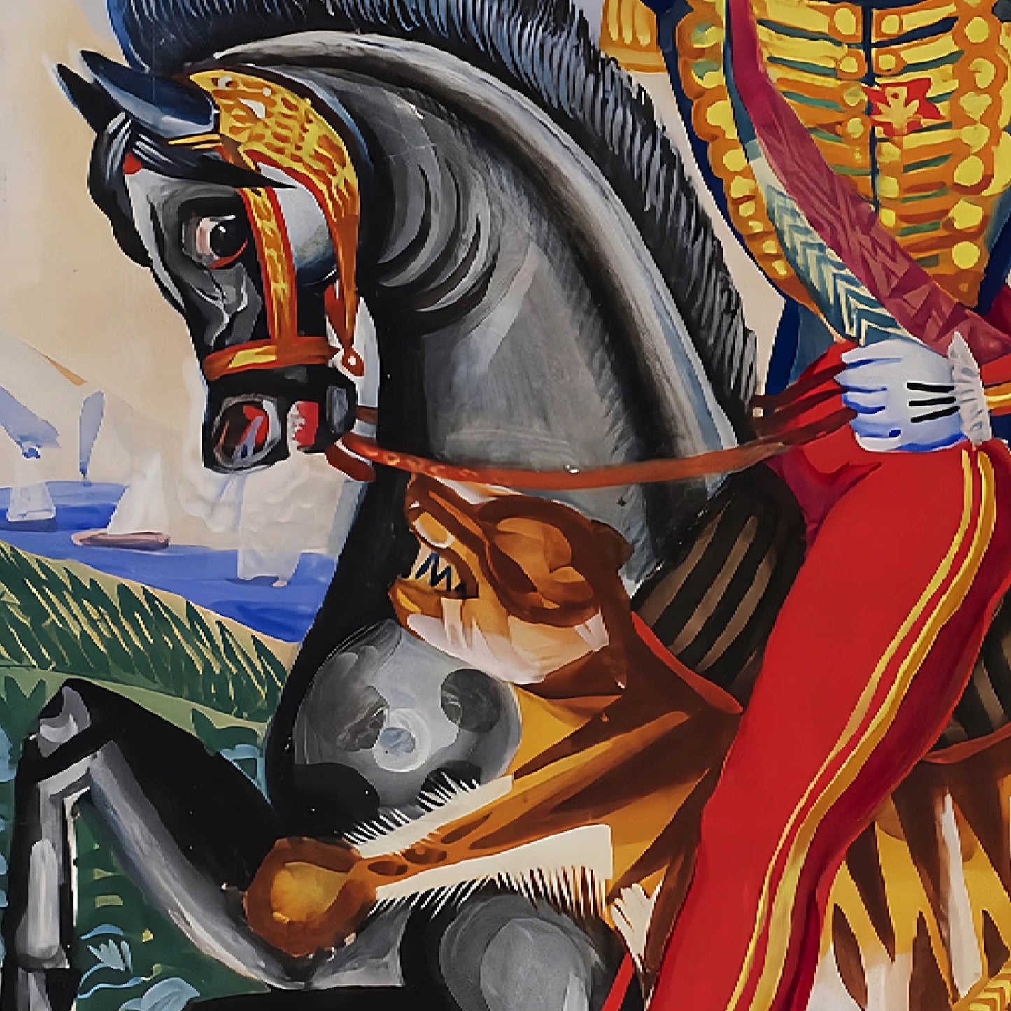 Artistic depiction of a horse with a rider, featuring vibrant colors and detailed brushwork.