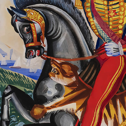 Artistic depiction of a horse with a rider, featuring vibrant colors and detailed brushwork.