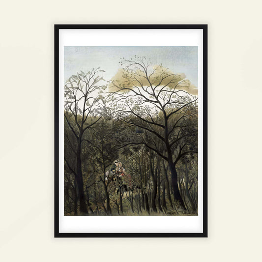 Framed artwork of a forest scene with trees and a clear sky. Rendezvous in the Forest by Henri Rousseau