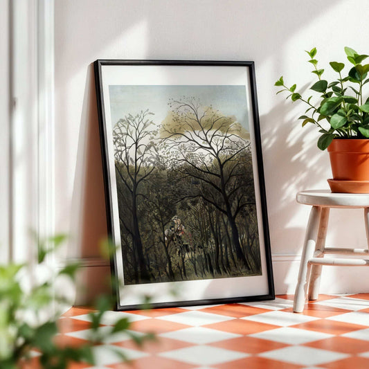 Framed artwork of a forest scene on a wall with a plant and stool in the background. Rendezvous in the Forest by Henri Rousseau