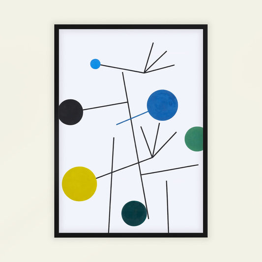 Abstract art print with colored circles and lines on a white background, framed in black. Rising, Falling, Clinging, Flying by Sophie Taeuber-Arp