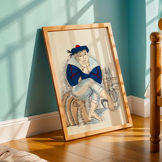 Sailor by Raoul Dufy. Framed artwork of a person sitting on a stool against a teal wall.