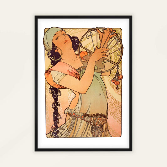 Salome by Alfons Mucha. Art Nouveau-style illustration of a woman holding a wheel on a white background