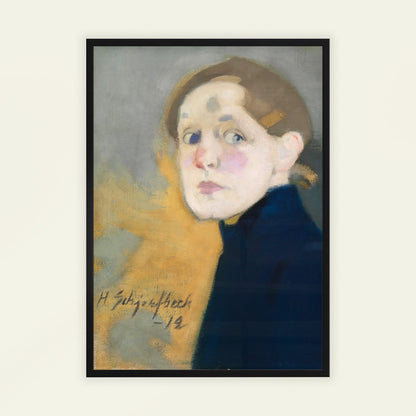 Framed painting of a child with a signature at the bottom right corner on a light gray background. Self-portrait by Helene Schjerfbeck
