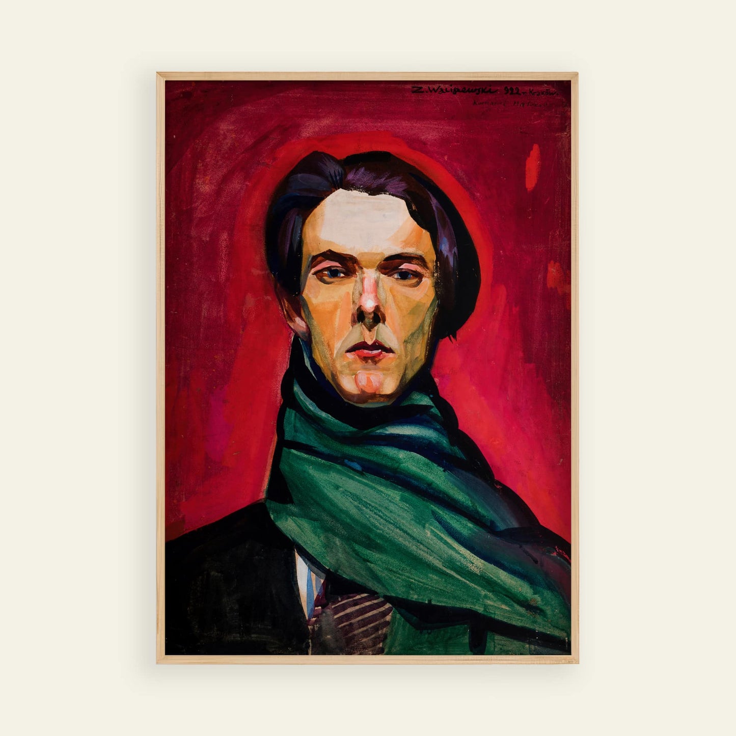 Framed portrait painting of a man with a green scarf against a red background