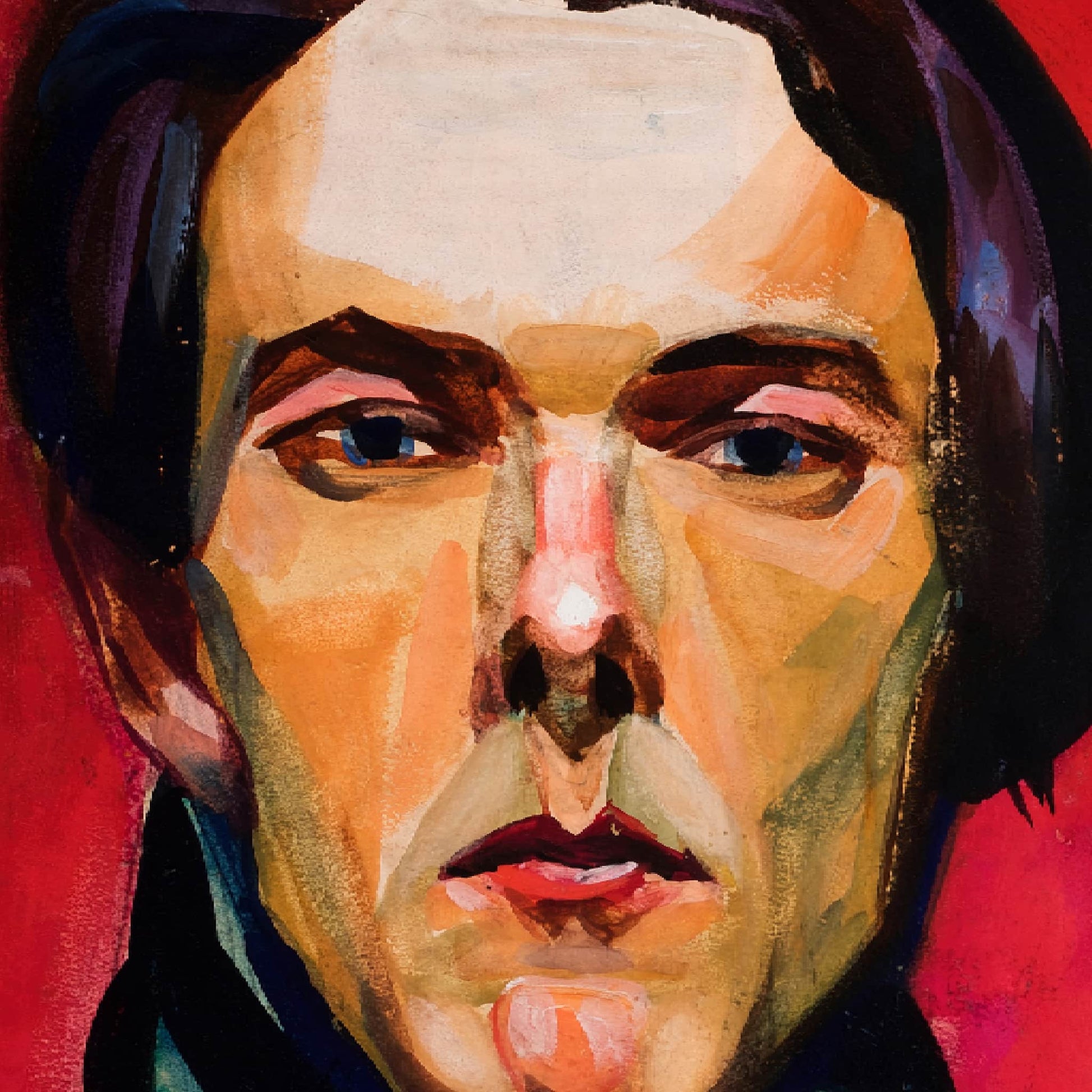 Artistic portrait of a person with a stylized, abstract approach on a red background