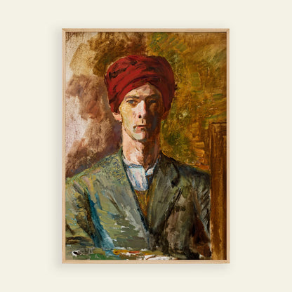 Framed painting of a person wearing a red turban on a beige background