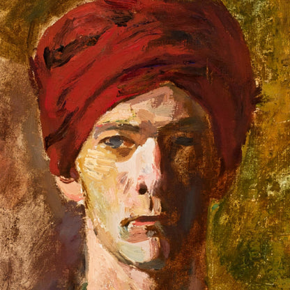 Artistic depiction of a person wearing a red turban with a textured background