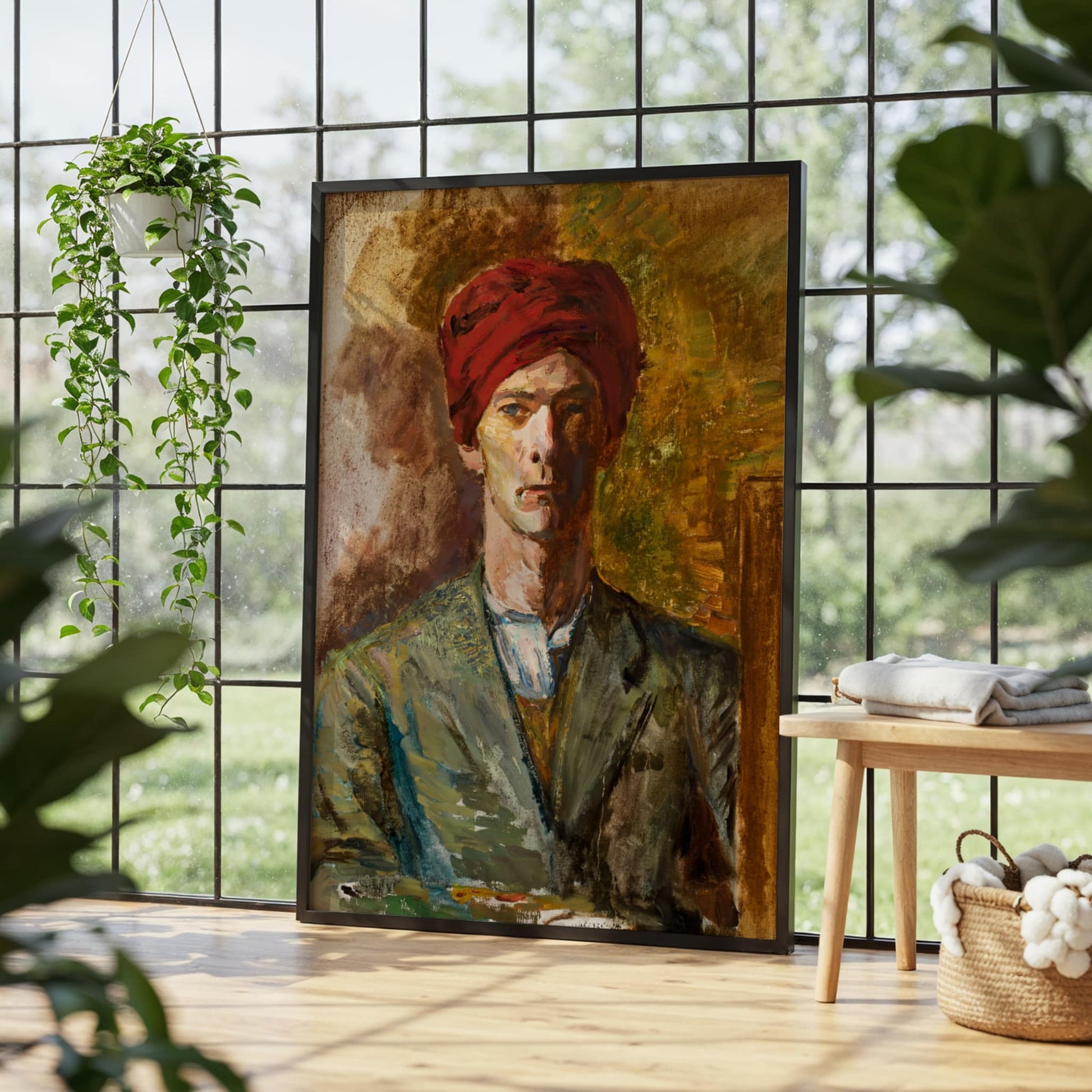 Framed portrait of a man with a red turban in a room with large windows and plants.