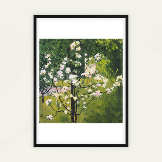 Spring Blossoms by Koloman Moser. Framed painting of a tree with white blossoms on a green background