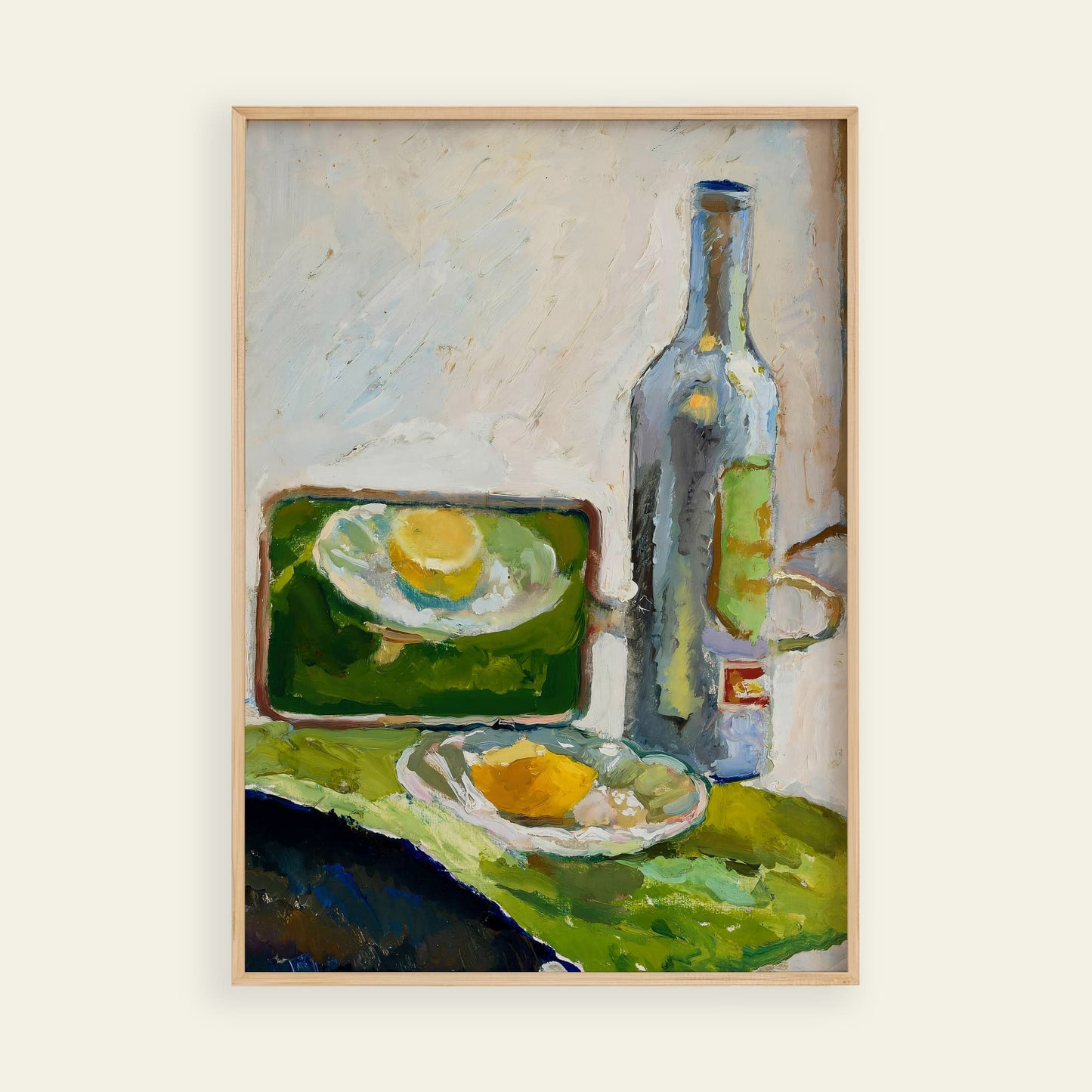 Framed painting of a still life scene with a bottle, plate, and lemon on a green surface.