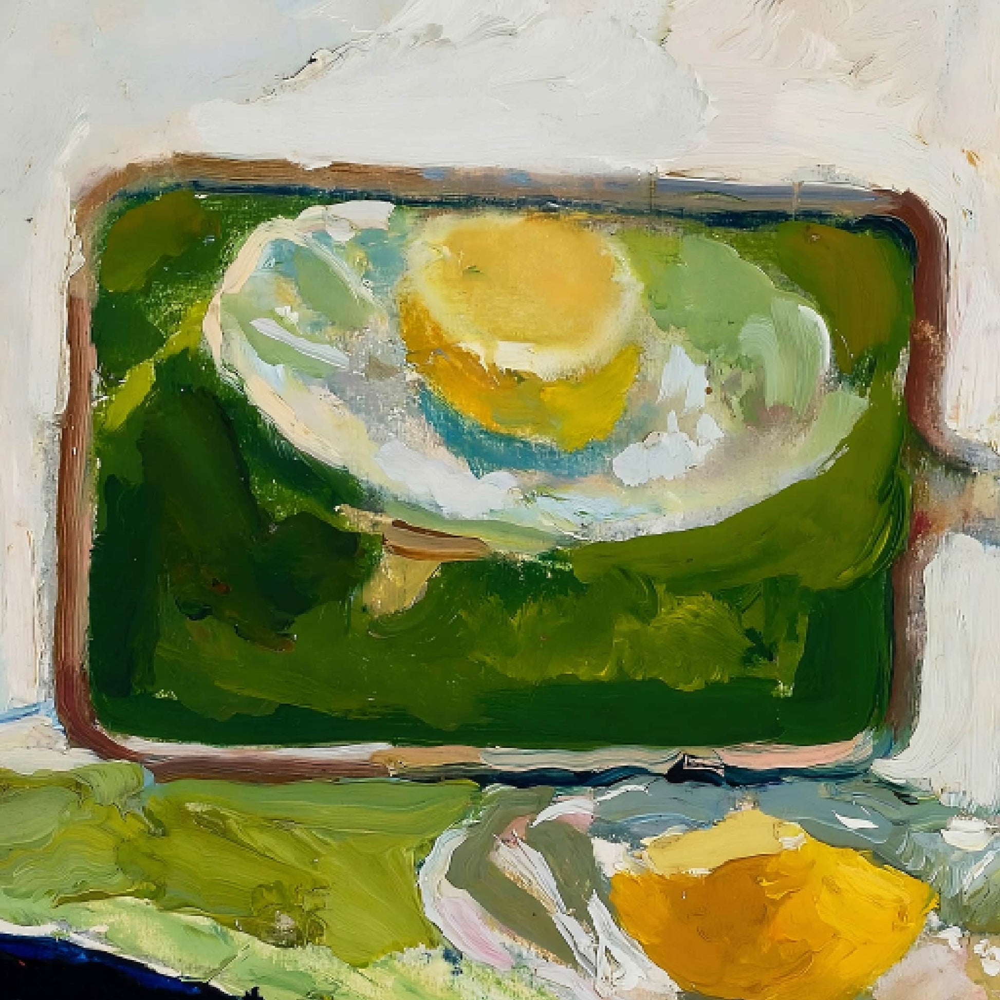 Painting of a sun and green landscape with a white background