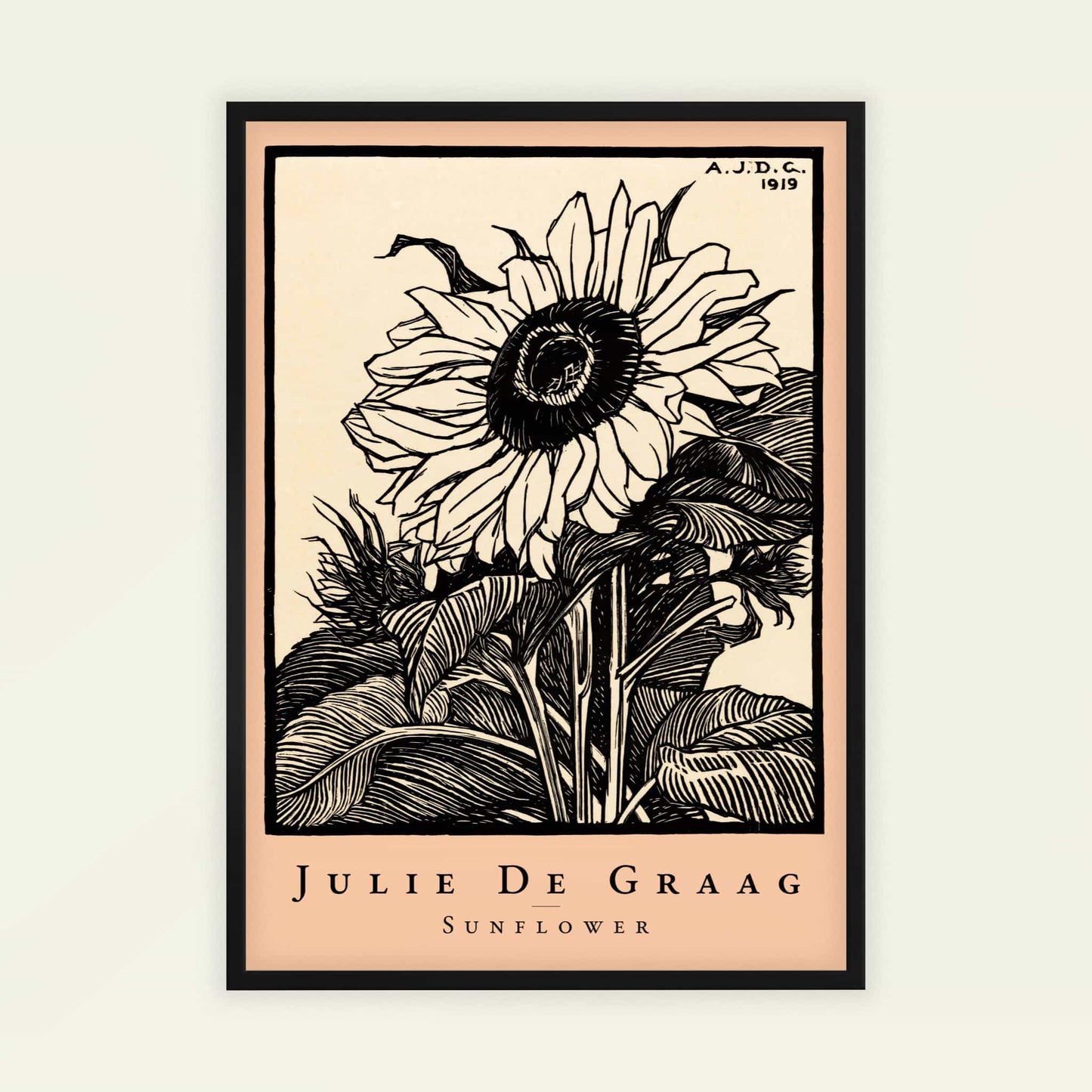 Sunflower by Julie de Graag (with artist's name), Art Nouveau print, botanical print, Dutch black and white, Art Nouveau, modern home decor, framed wall art, art poster