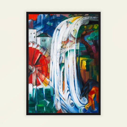 The Bewitched Mill by Franz Marc. Colorful abstract painting with dynamic shapes and vibrant colors on a white background