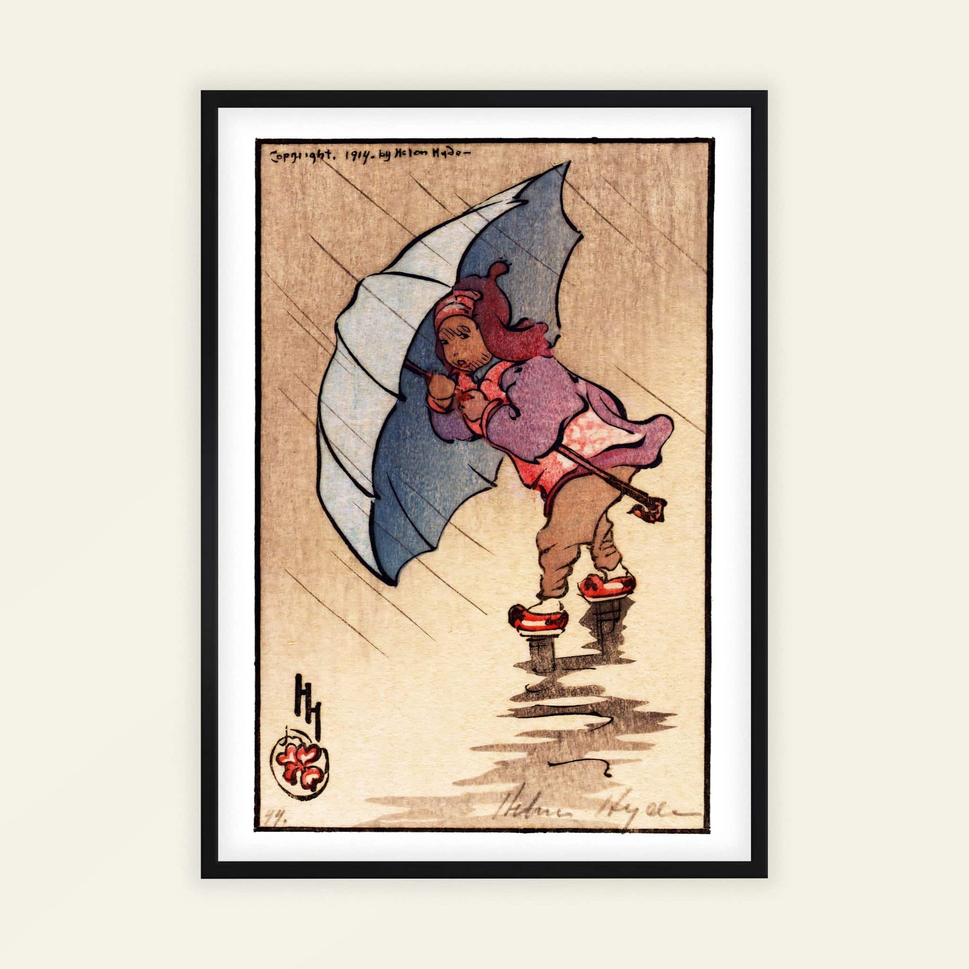 The Blue Umbrella by Helen Hyde, Japanese art print, portrait print, American children, Japonisme, home decor print, framed wall art, art poster