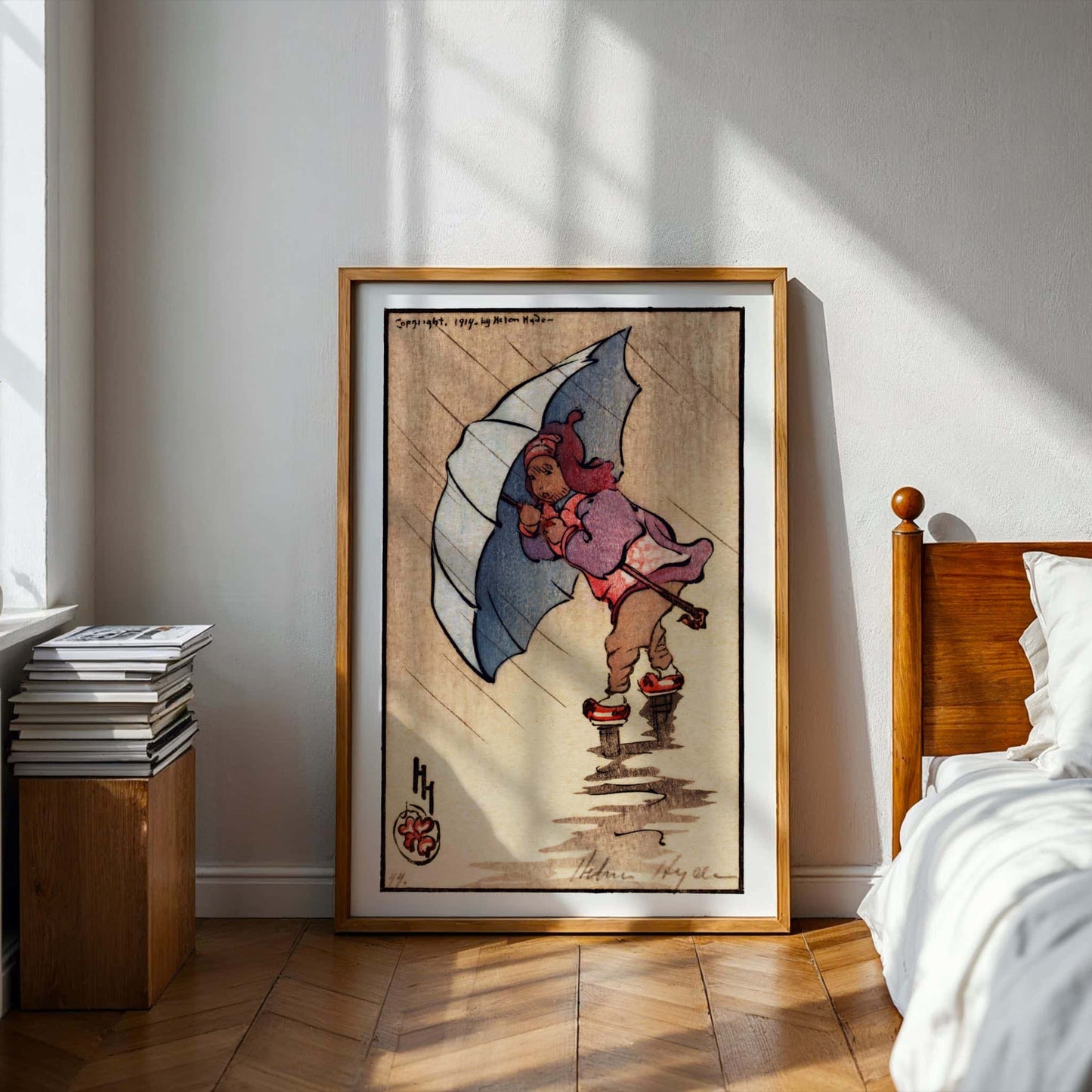 The Blue Umbrella by Helen Hyde, vintage portrait, woodblock poster, American Japanese-inspired, nursery, art reproduction, framed wall art, art poster