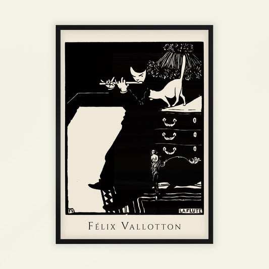 Framed artwork by Felix Vallotton featuring a person playing a flute with a cat on a piano. The Flute by Félix Vallotton