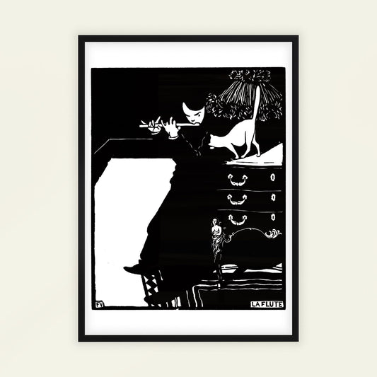 Framed black and white artwork of a cat playing a flute with a dog listening. The Flute by Felix Vallotton woodblock