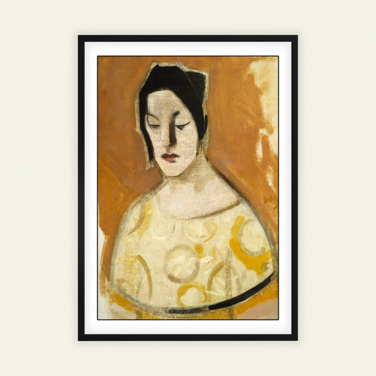 Framed artwork of a stylized portrait with abstract background. The Fortune-Teller by Helene Schjerfbeck