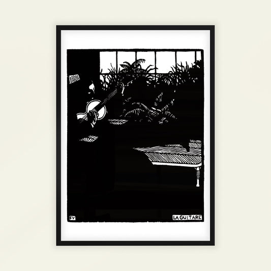 Framed black and white artwork of a guitar and landscape with 'La Guitare' text. The Guitar by Félix Vallotton