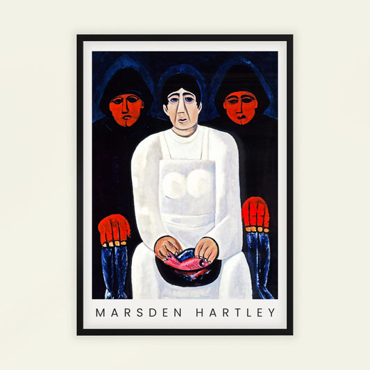 The Lost Felice by Marsden Hartley | With artist's name. Framed artwork by Marsden Hartley featuring three figures with a central figure in white. 