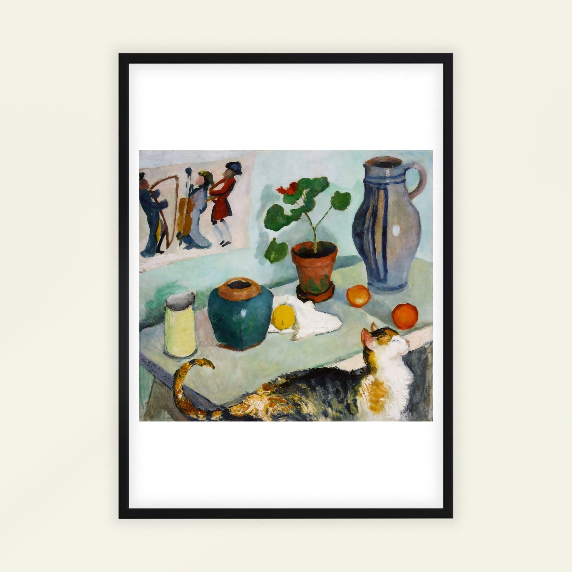 The Spirit in the House Stalls (Still Life with a Cat) by August Macke, Expressionist print, wildlife wall art, German modernist, Expressionist, office wall art, framed wall art, art poster