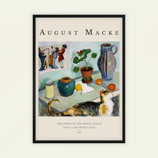 The Spirit in the House Stalls (Still Life with a Cat) by August Macke (with artist's name), dining room decor, animal print, German Fauvist colour, garden, office wall art, framed wall art, art poster