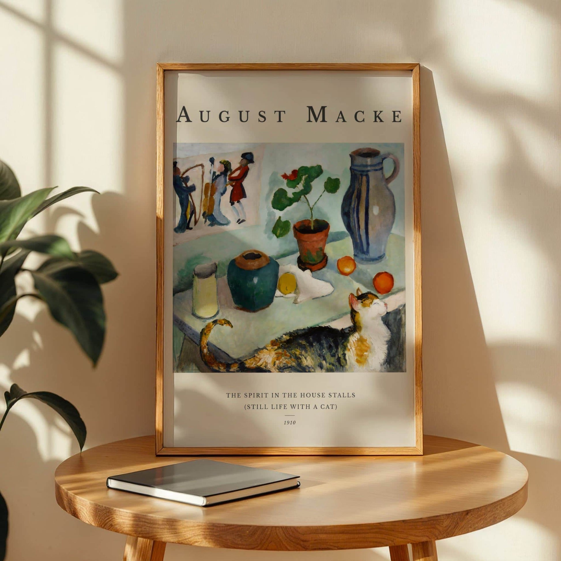 The Spirit in the House Stalls (Still Life with a Cat) by August Macke (with artist's name), kitchen wall art, Expressionist print, German Blue Rider, modernist, modern home decor, framed wall art, art poster