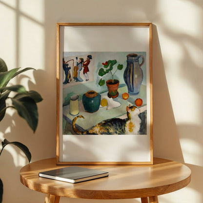 The Spirit in the House Stalls (Still Life with a Cat) by August Macke, dining room decor, animal print, German Fauvist colour, garden, modern home decor, framed wall art, art poster