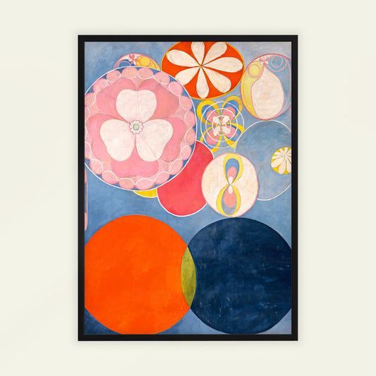 The Ten Largest, No. 2, Childhood by Hilma Af Klint. Framed abstract artwork with colorful circles and patterns on a blue background