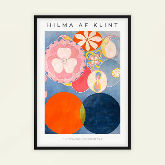 The Ten Largest, No. 2, Childhood by Hilma Af Klint | With artist's name. Framed artwork by Hilma af Klint with abstract circular shapes on a blue background.