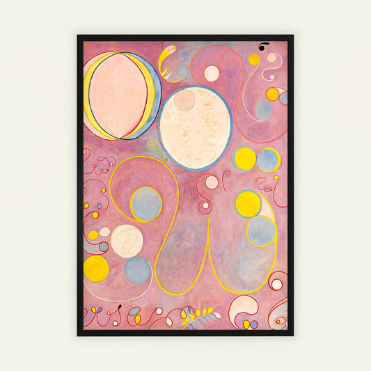 The Ten Largest, No. 8, Adulthood by Hilma Af Klint. Framed abstract artwork with colorful circles and patterns on a pink background