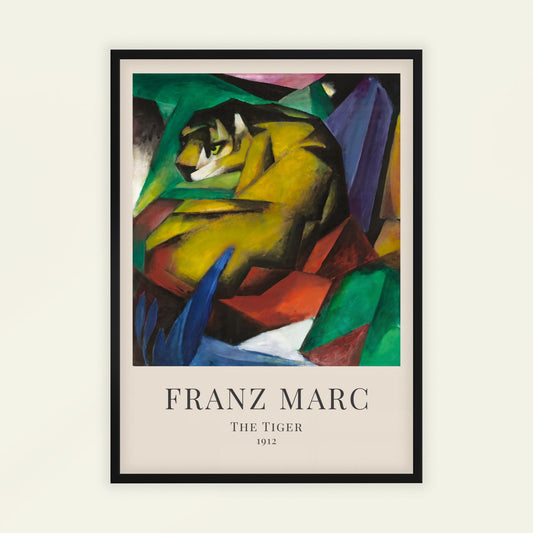 Framed artwork of Franz Marc's 'The Tiger' with a black frame on a light beige background.
