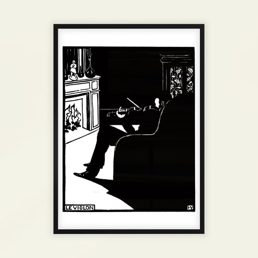 Framed black and white artwork of a person sitting by a fireplace. The Violin by Felix Vallotton