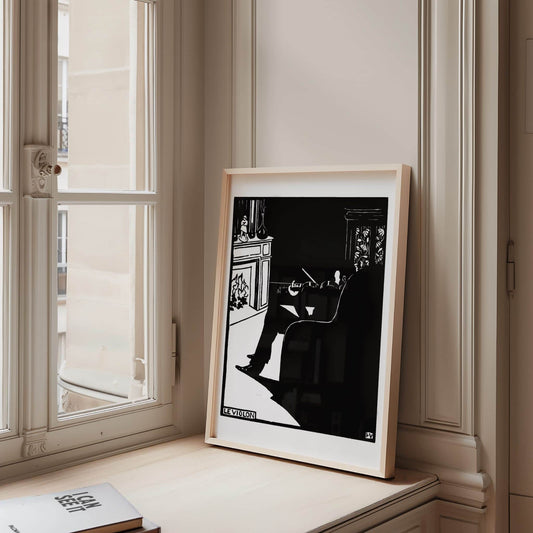 Framed black and white artwork leaning against a wall next to a window. The Violin by Felix Vallotton