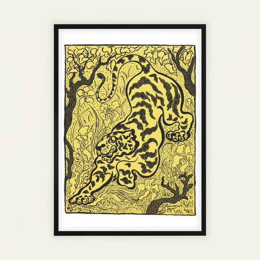 Framed artwork of a tiger in a natural setting on a yellow background. Tiger in the Jungle by Paul Ranson.