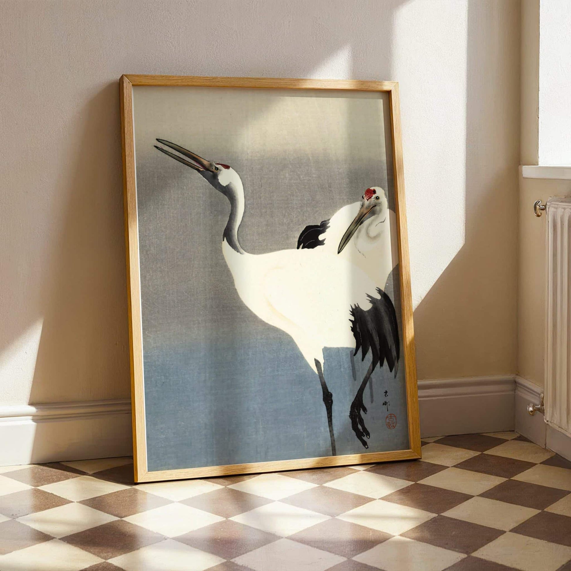 Two Cranes by Ohara Koson, woodblock poster, wildlife wall art, Japanese Japanese, woodblock, modern home decor, framed wall art, art poster