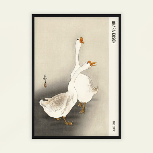 Framed artwork of two geese on a beige background with 'Ohara Koson' branding. Two Geese by Ohara Koson