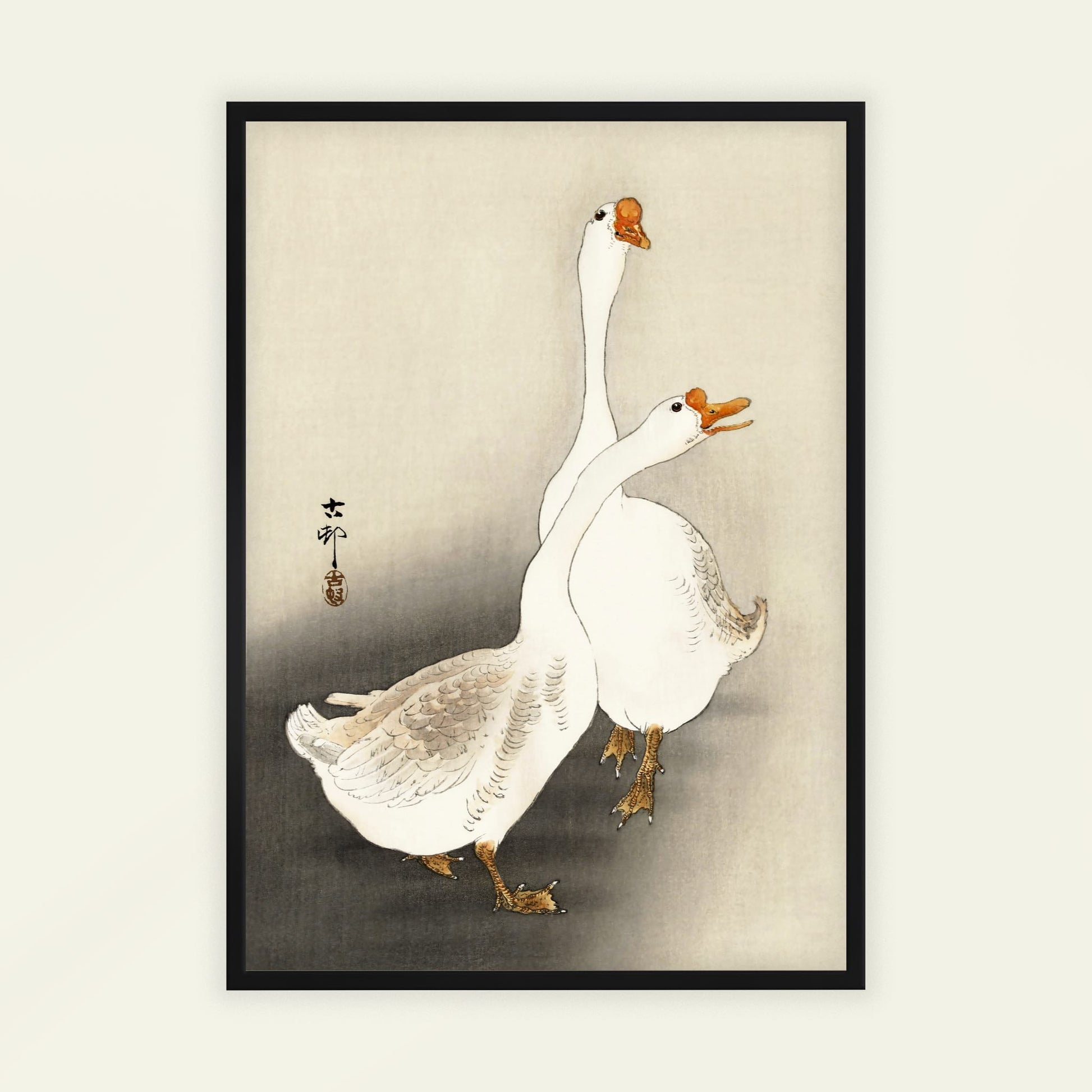 Two Geese by Ohara Koson, wildlife wall art, Japanese art print, Japanese woodblock, nature, modern home decor, framed wall art, art poster