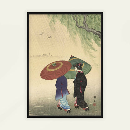 Two Women in the Rain by Ohara Koson, vintage portrait, woodblock poster, Japanese bird, Japanese, bedroom wall decor, framed wall art, art poster