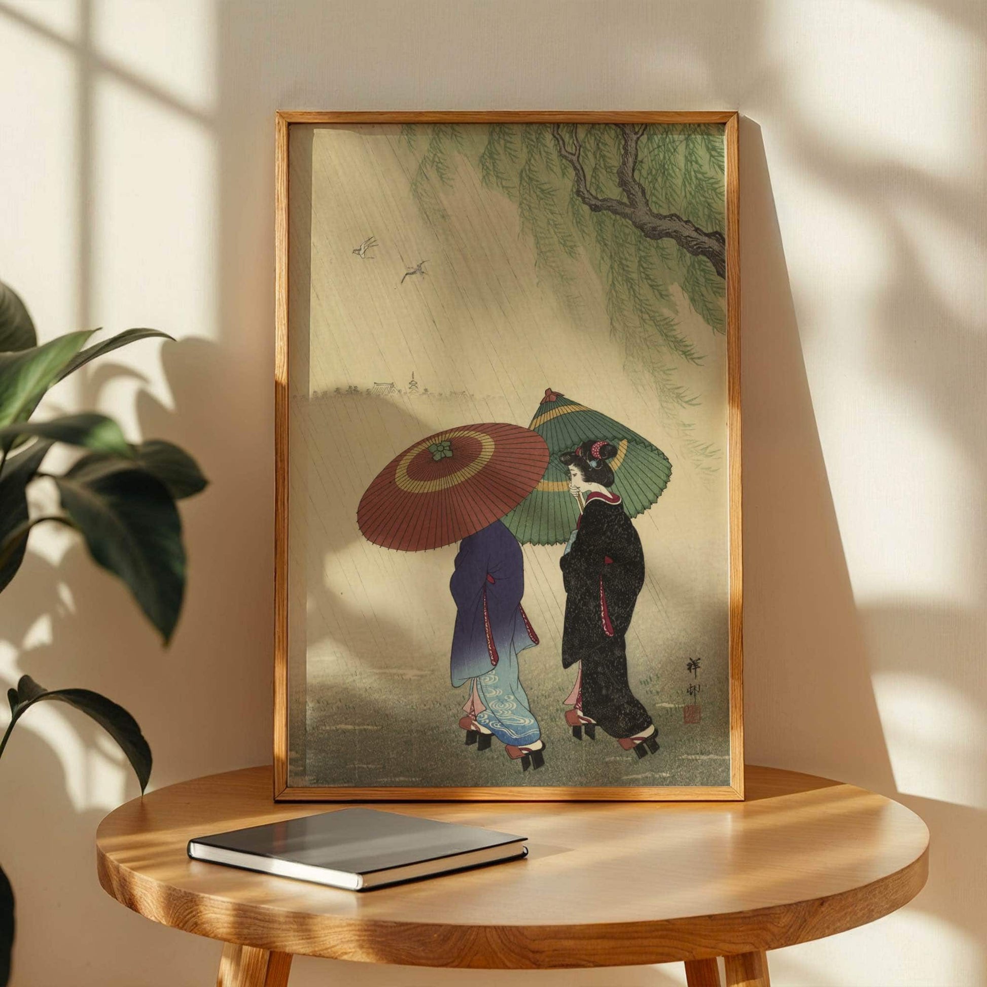 Two Women in the Rain by Ohara Koson, figure wall art, Japanese art print, Japanese woodblock, nature, small art print, framed wall art, art poster