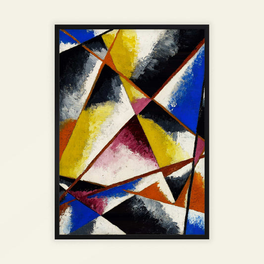 Abstract geometric painting with colorful triangles on a white background. Untitled Composition by Lyubov Popova