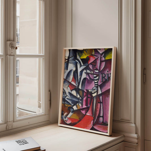 Framed abstract artwork on a windowsill with a view of a building outside. Untitled by Lyubov Popova