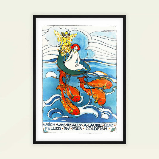 'Which was really a laurel leaf pulled by four goldfish' by Jessie Marion King. Framed artwork of a mermaid with goldfish on a light beige background
