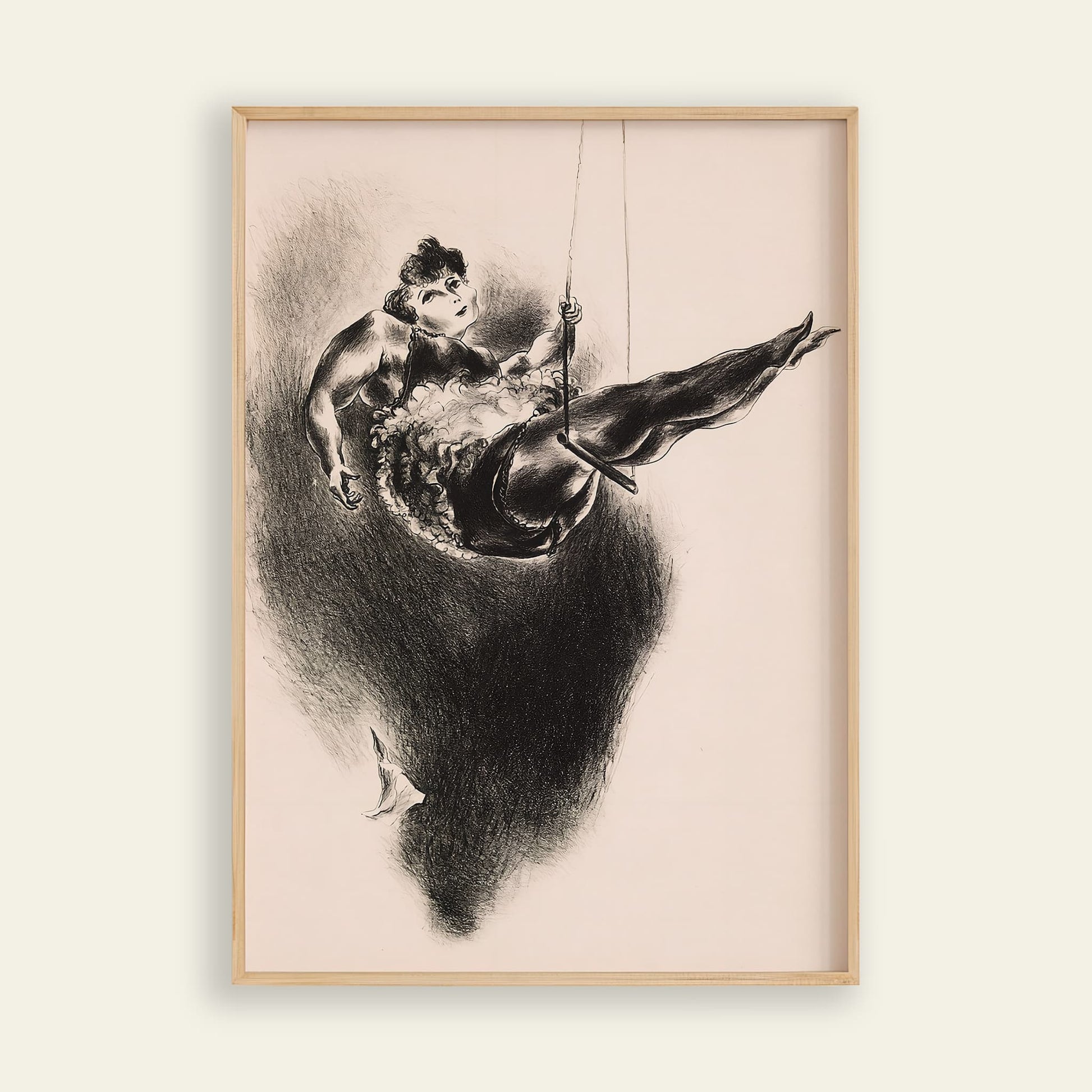 Framed artwork of a woman on a horse with a shadow effect on a beige background