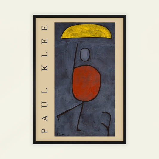 With an Umbrella by Paul Klee | With artist's name. Abstract artwork with a red figure and yellow moon, framed with 'PAUL KLEE' text.