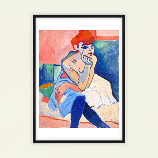 Woman in a Chemise by Andre Derain. Framed painting of a woman with red hair sitting on a couch.